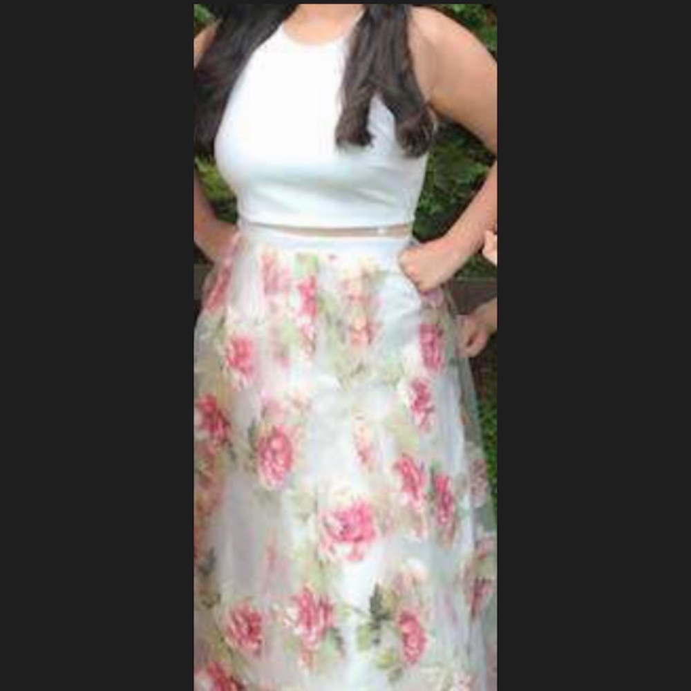 Peekaboo mesh white floral prom dress